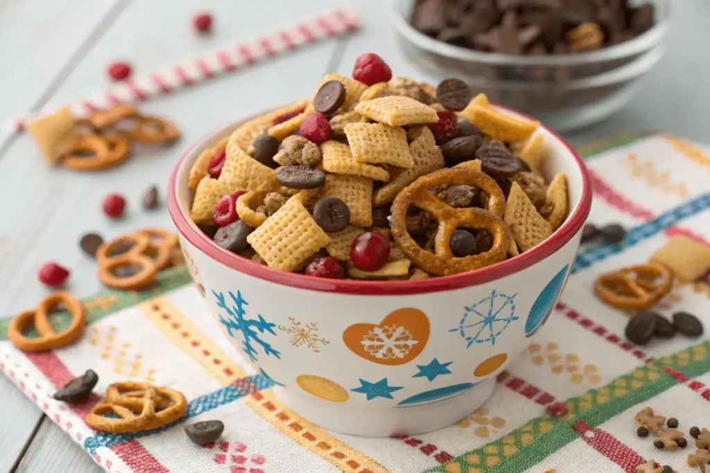 A festive variation of homemade Chex Mix with chocolate and fruits