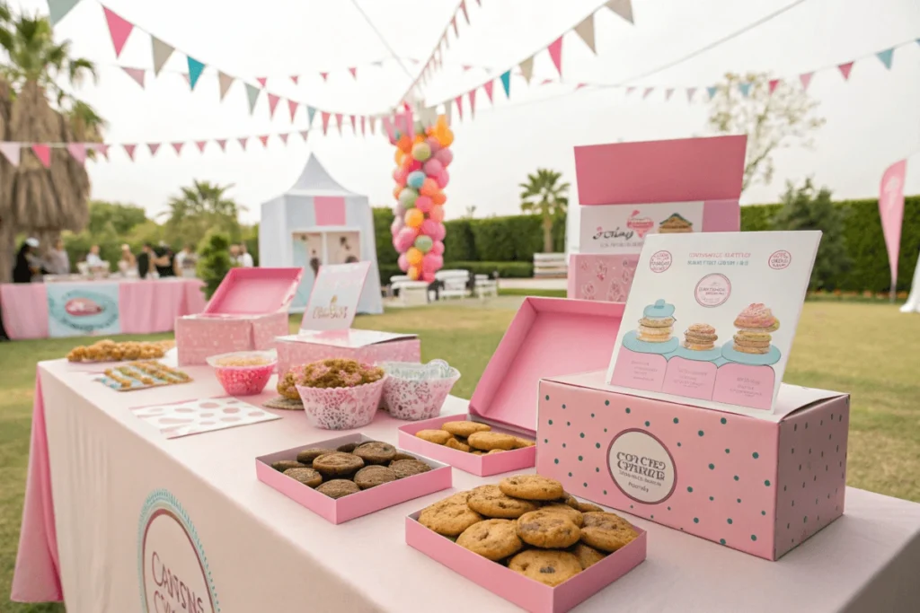 A Crumbl Cookies event table with pink boxes and gourmet cookies on display