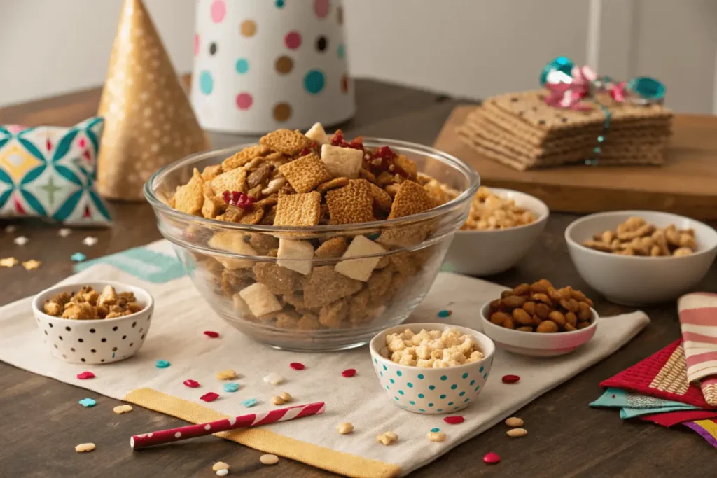 A festive table featuring Chex Mix served in a large glass bowl with party decorations