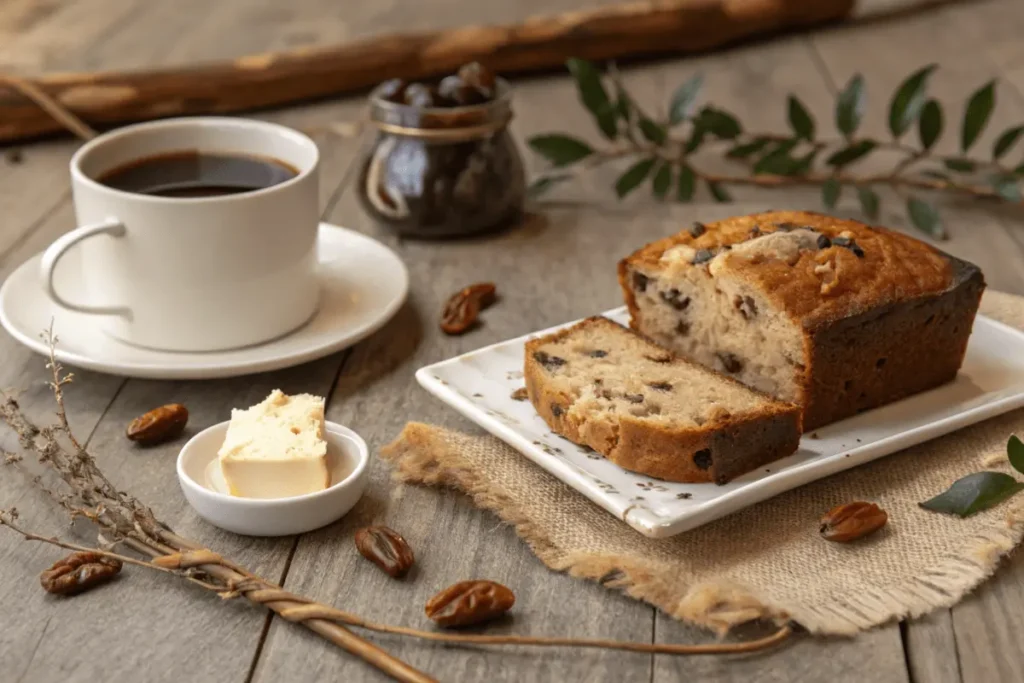 A slice of Neuman's Date Nut Bread served with butter and coffee