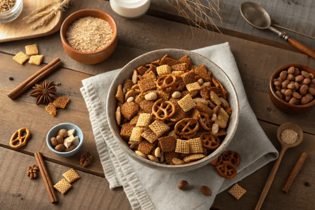 Homemade Chex Mix with ingredients on a rustic table