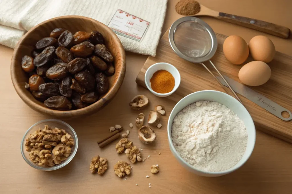 Ingredients for date nut bread laid out on a countertop