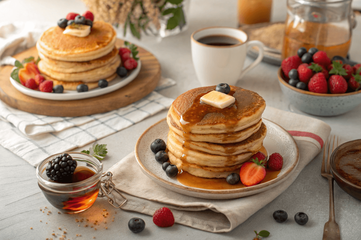 Stacks of pancakes and hotcakes with syrup and butter on a breakfast table