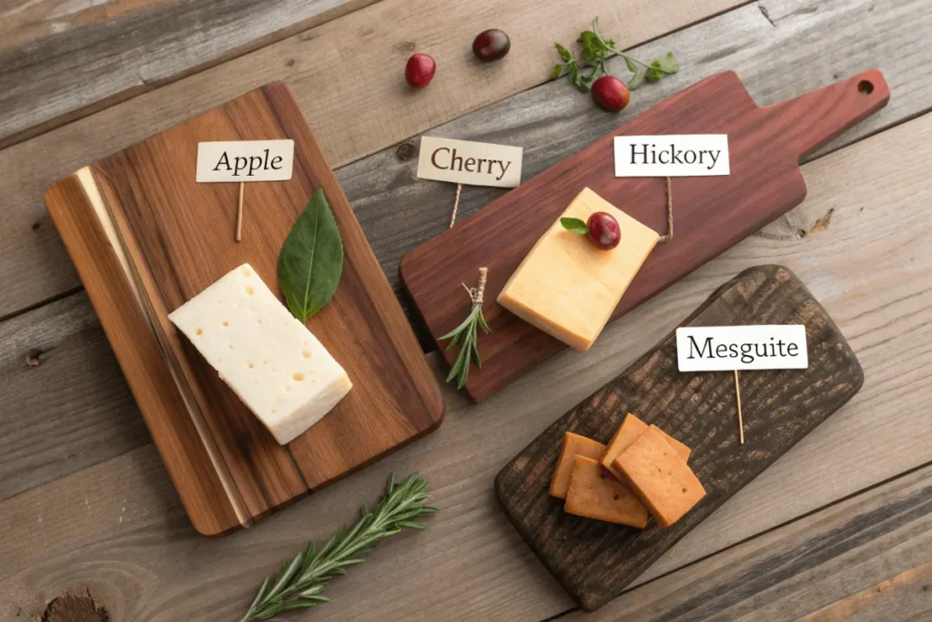 Assorted wood chunks and cheese blocks for smoking queso