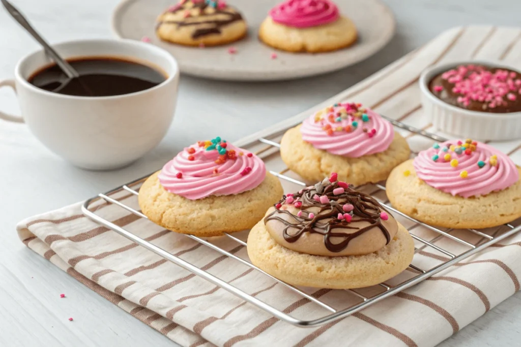 Freshly baked Crumbl cookies cooling on a wire rack with toppings