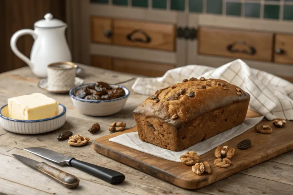 Freshly baked date nut bread on a rustic table