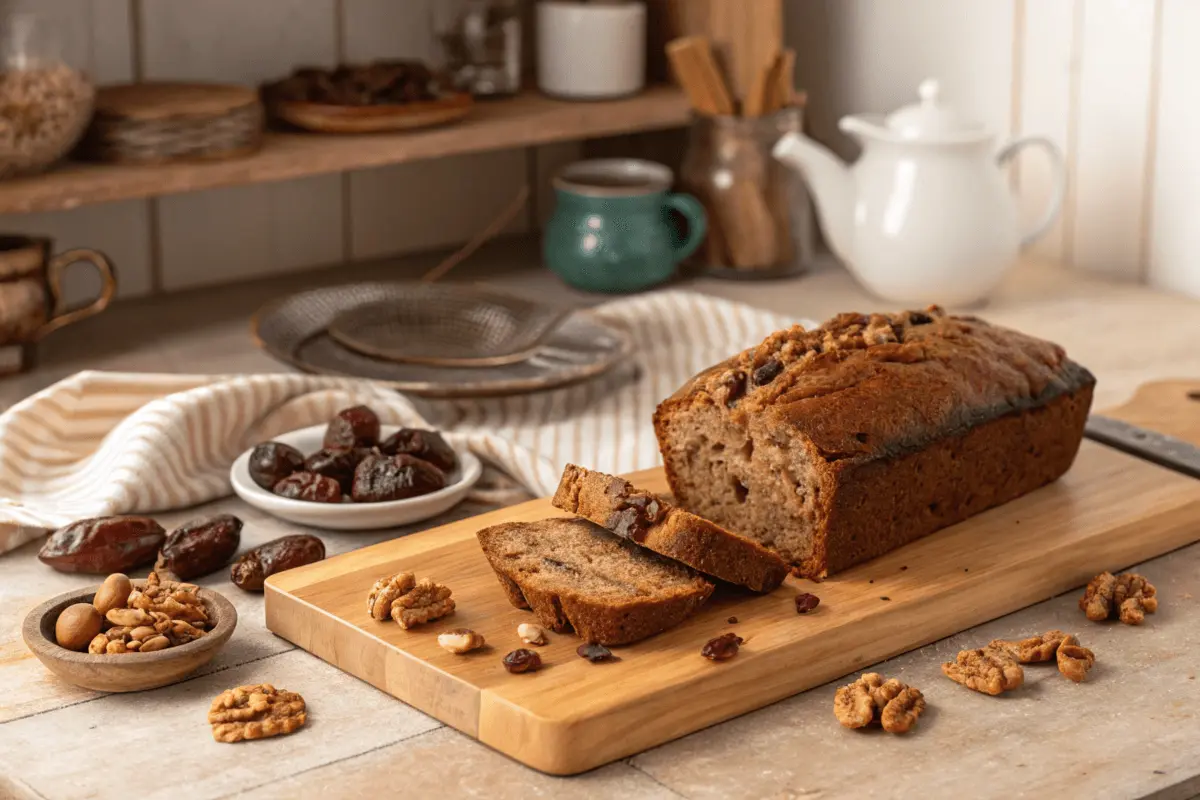 Freshly baked date nut bread with dates and walnuts