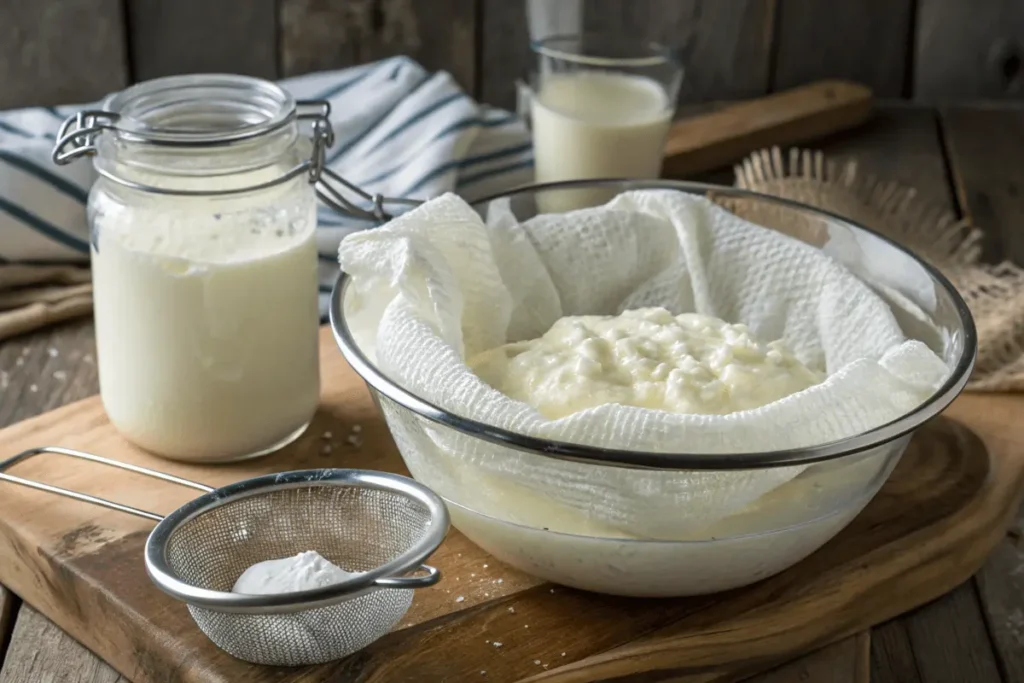 Strained Greek yogurt in a bowl with cheesecloth