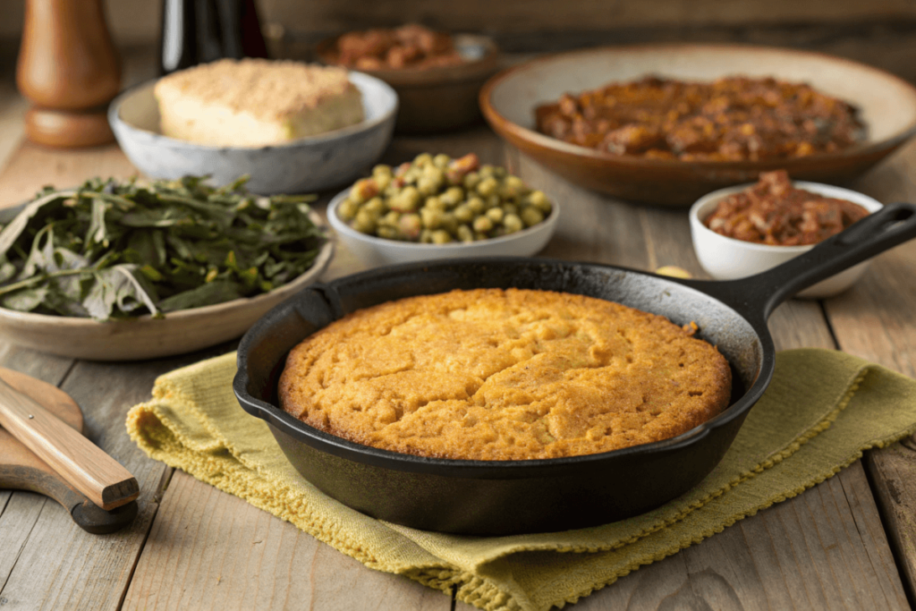 Authentic Southern cornbread in a cast-iron skillet