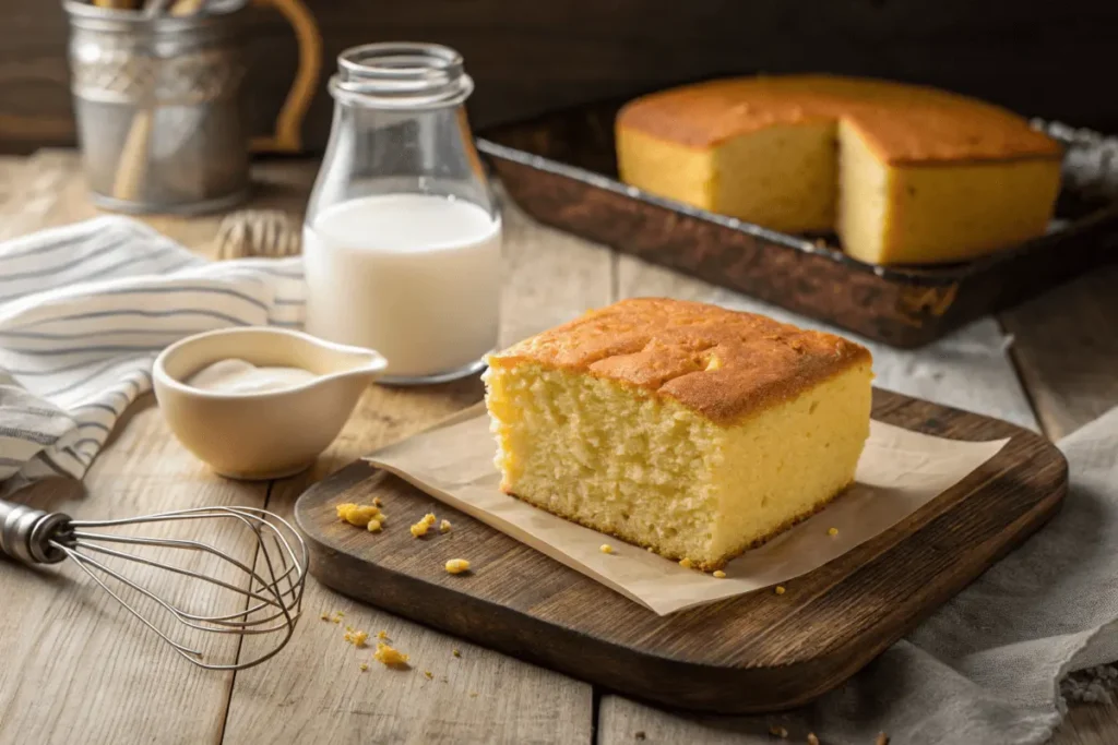 Freshly baked cornbread with buttermilk and milk on a rustic table