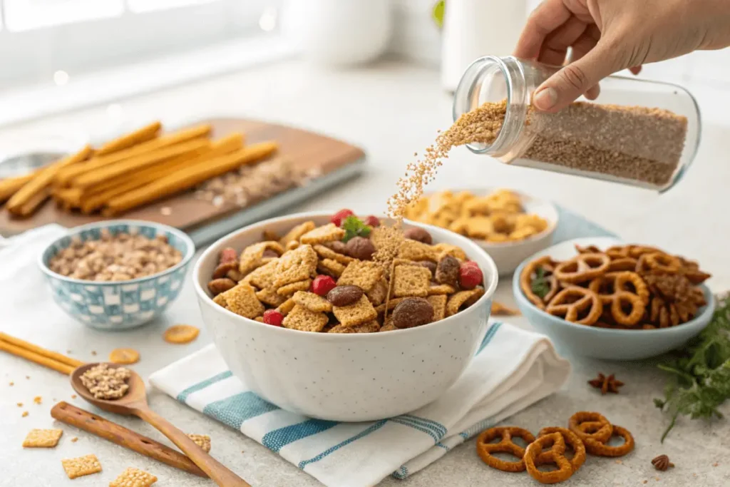 A hand sprinkling seasoning over a bowl of homemade Chex Mix