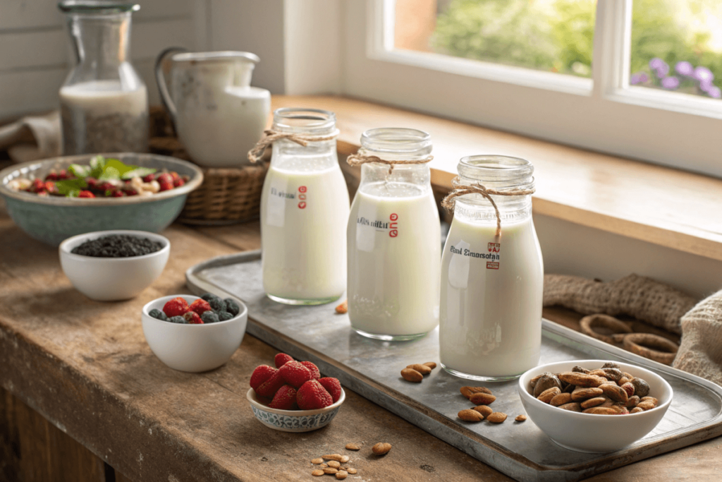 Freshly made yogurt with various types of milk on a rustic kitchen counter