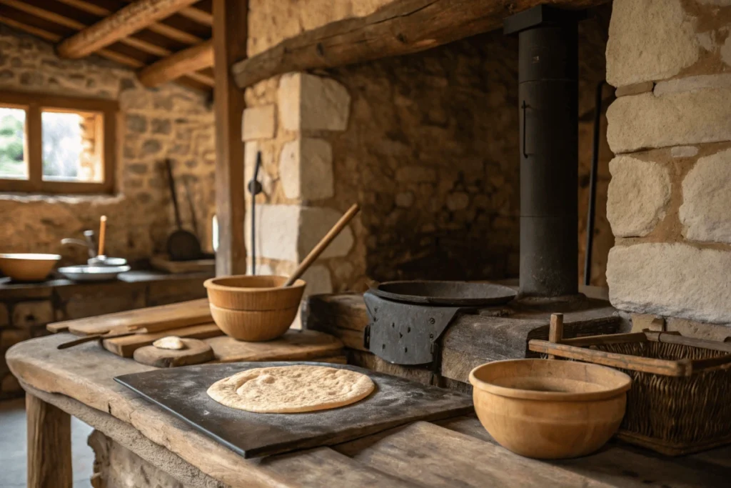 Ancient Roman flat cakes being prepared on a rustic griddle