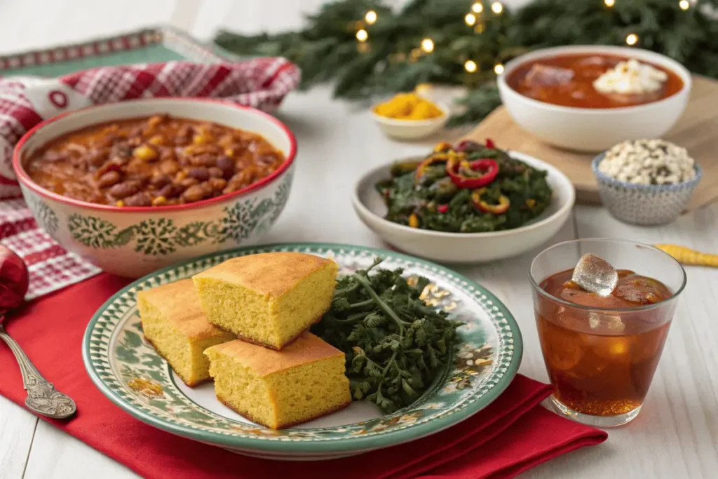 Cornbread slices served with chili and collard greens on a holiday table