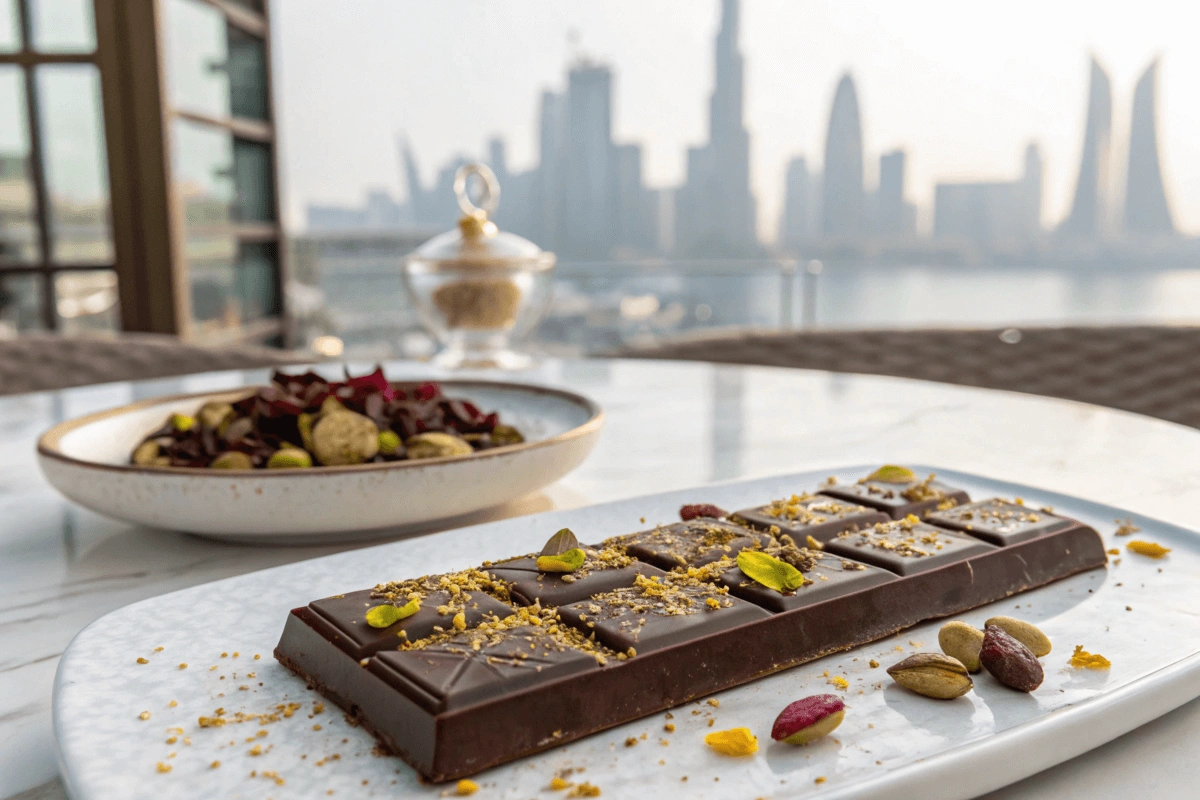 Luxurious chocolate bar featuring pistachios and saffron in Dubai