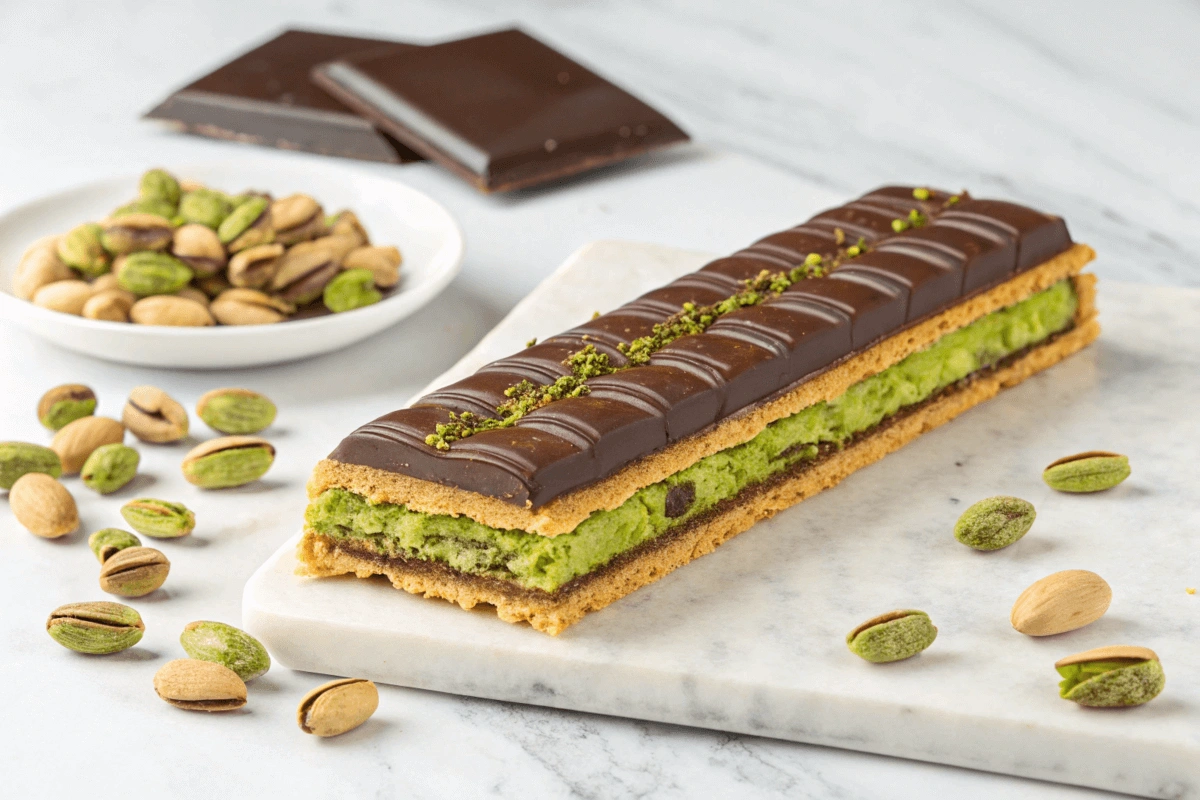 Dubai Chocolate bar with kataifi, pistachio filling, and chocolate coating