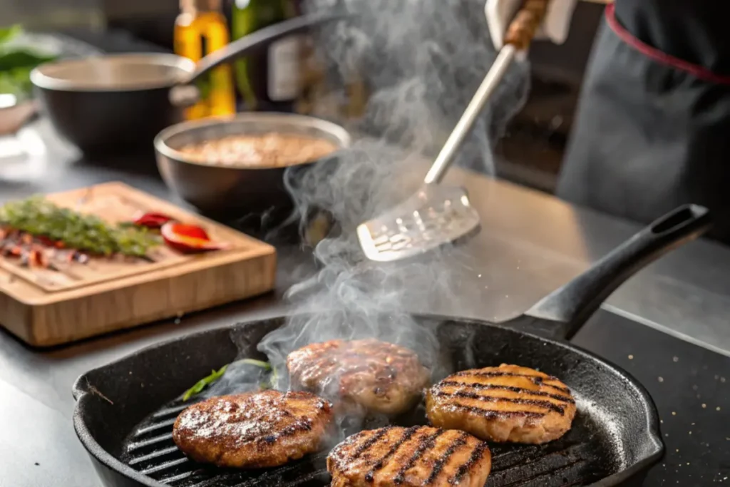 Chef grilling burger patties on a cast-iron grill