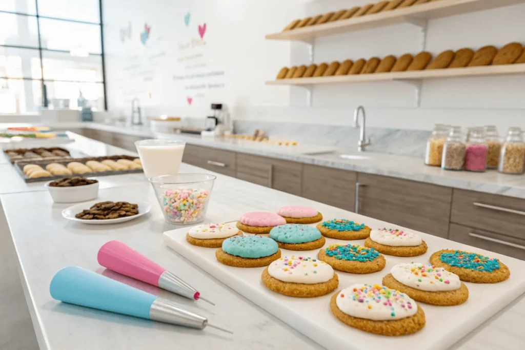 A clean Crumbl bakery counter with cookies being decorated with frosting and sprinkles