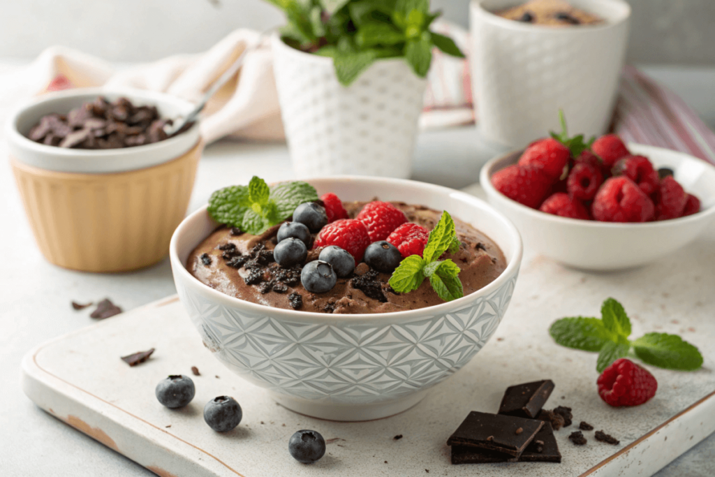 Chocolate protein pudding garnished with fresh berries and mint