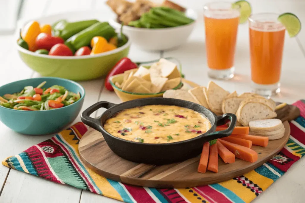 Smoked queso served with colorful dippers at a party