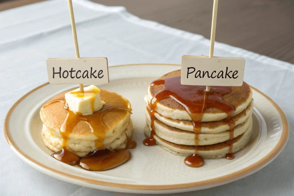 Hotcake and pancake comparison on a single plate with syrup and butter