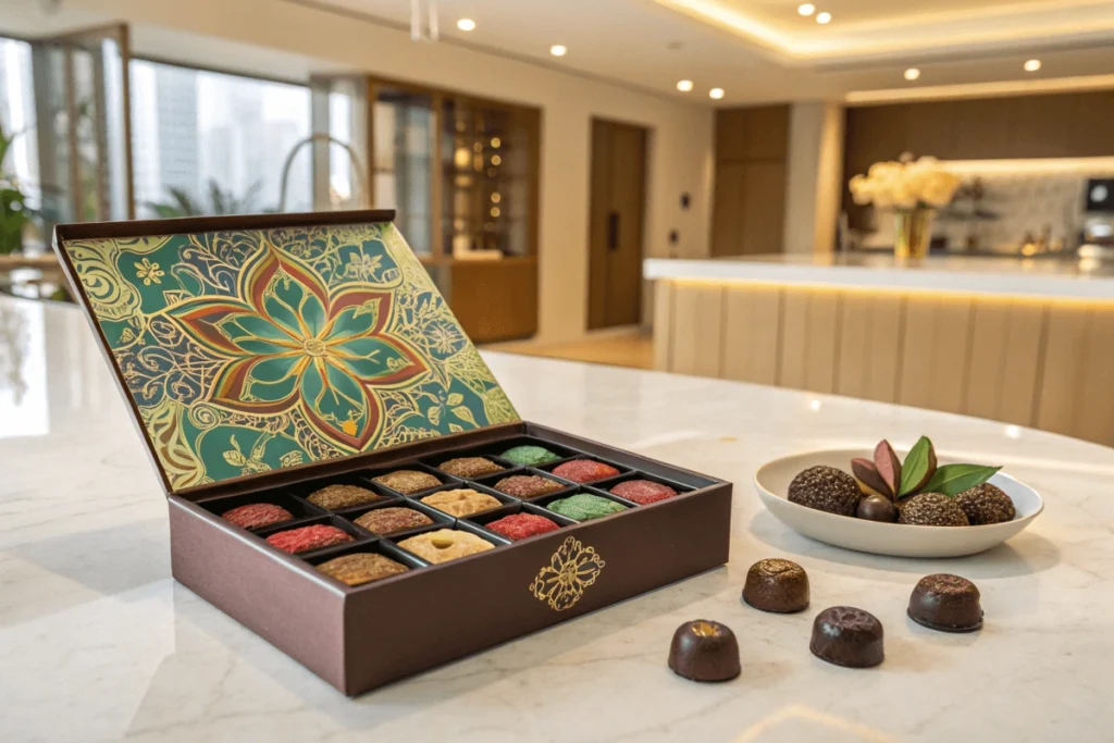 Luxury Dubai chocolates in premium packaging on a marble surface