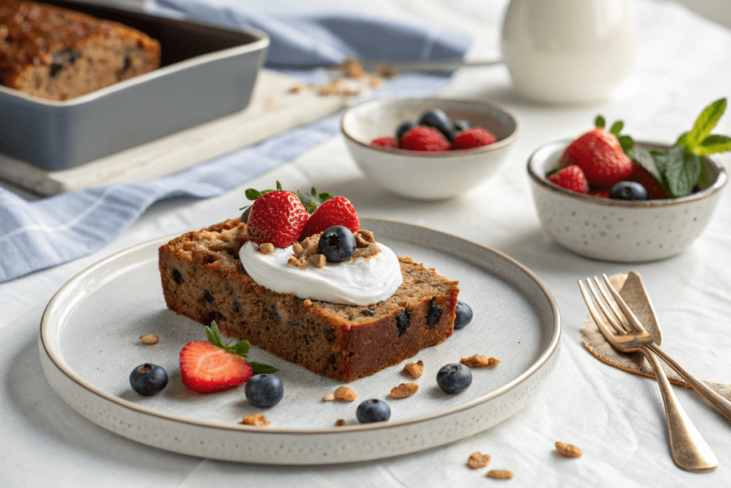 A slice of date and nut loaf with yogurt and berries