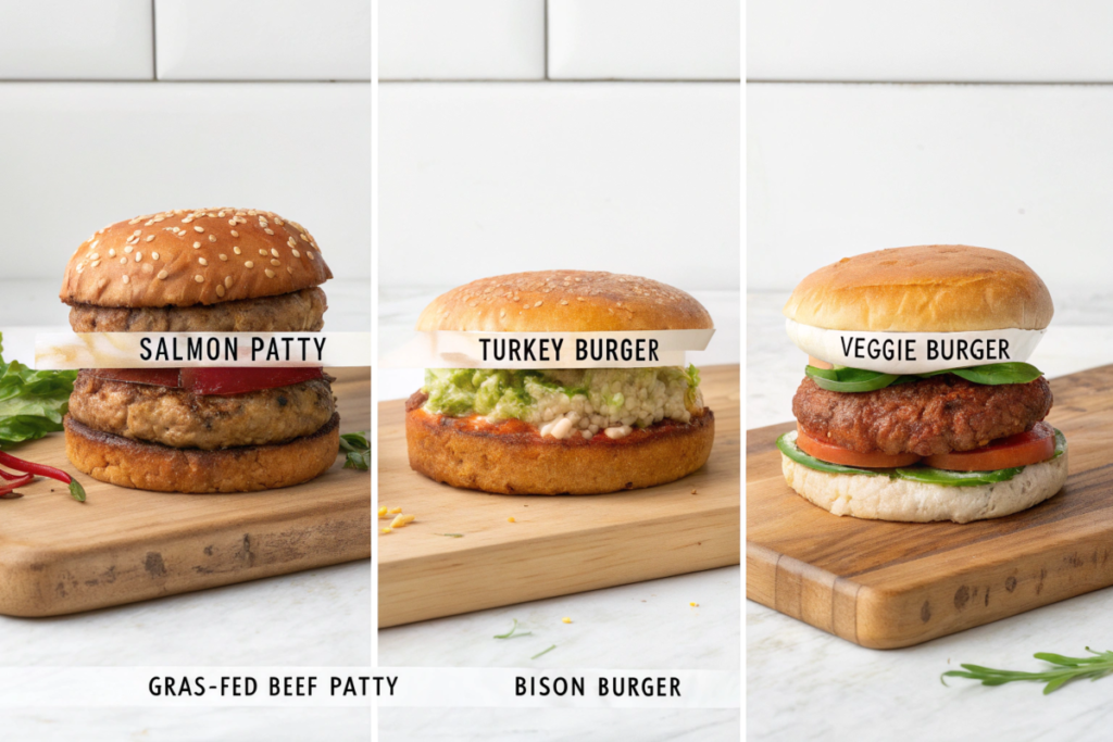 Five healthy burger patty options including salmon, turkey, veggie, grass-fed beef, and bison