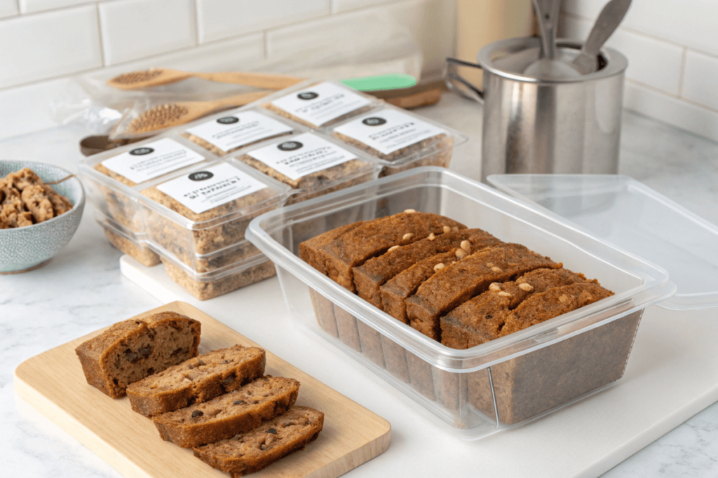 Sliced date nut bread stored in an airtight container