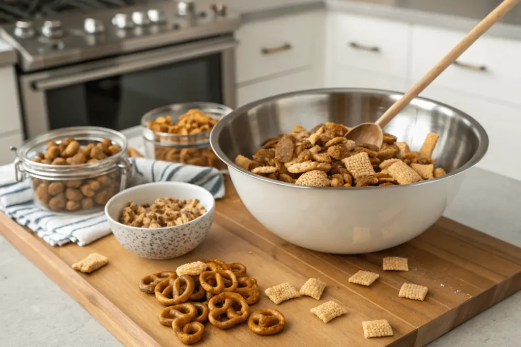 Preparing homemade Chex Mix in a kitchen