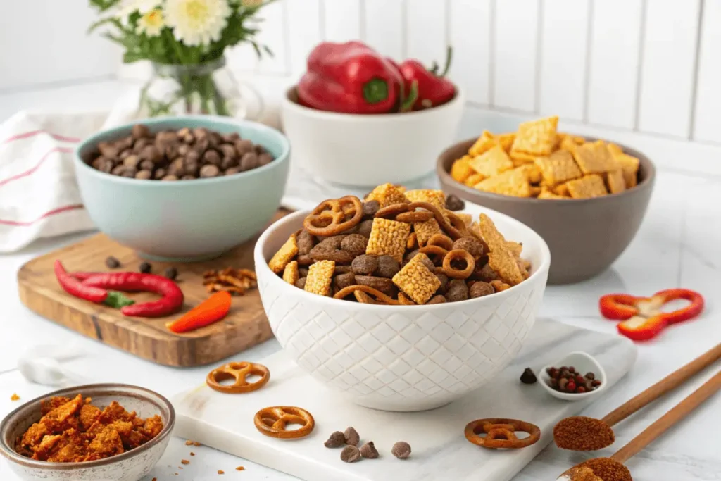 Three bowls of Chex Mix variations: sweet, savory, and spicy