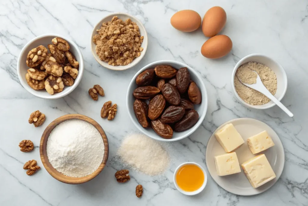 Ingredients for making date nut bread displayed on a marble countertop