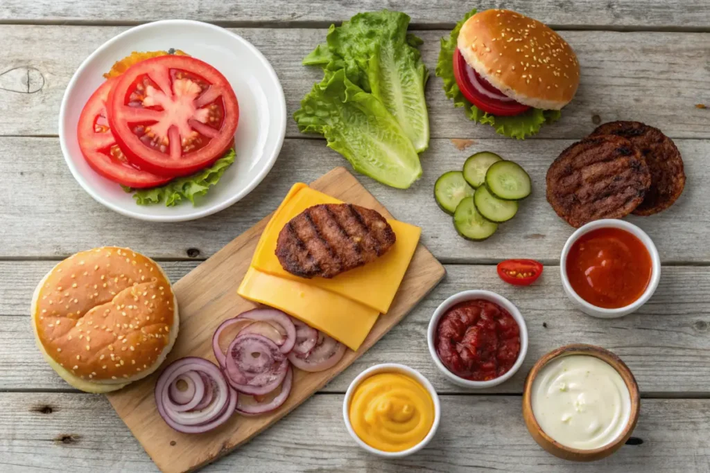 Top-down view of burger toppings and condiments