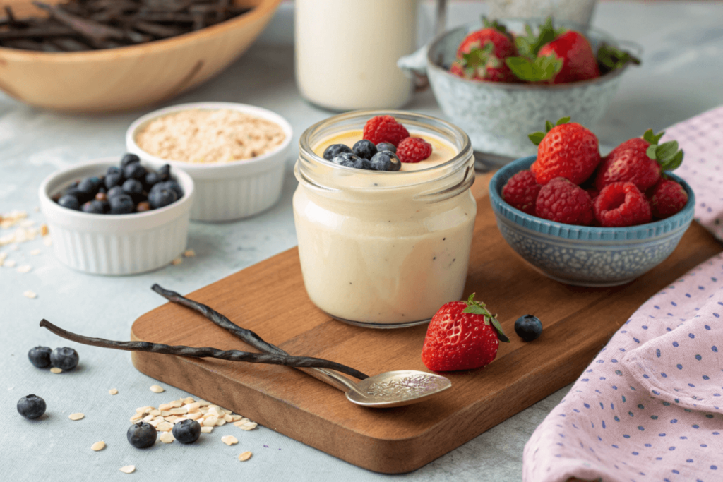 Vanilla protein pudding with Greek yogurt and berries