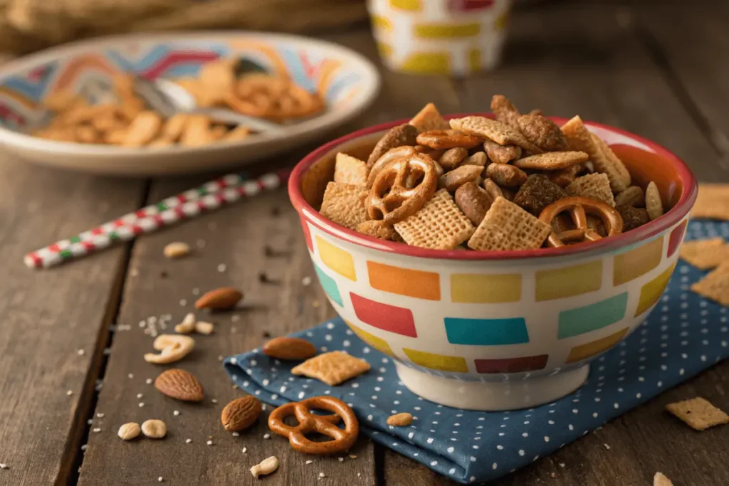 A colorful bowl of Chex Mix on a rustic wooden table