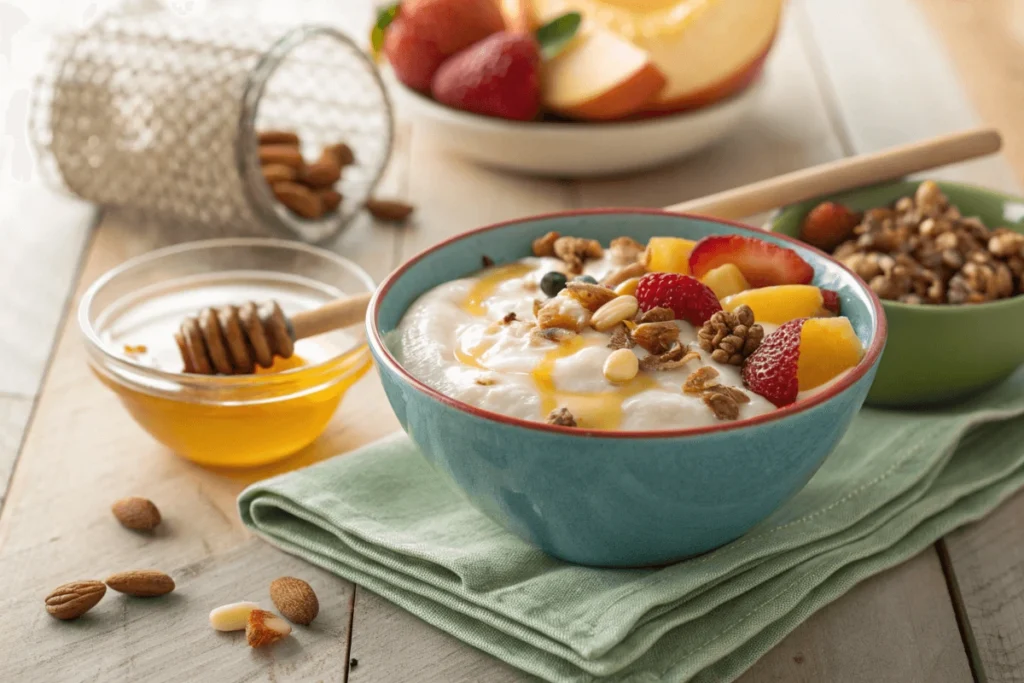 Greek-style yogurt served with honey, nuts, and fruits