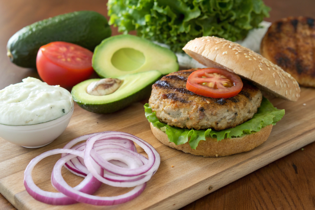 DIY healthy burger assembly with whole-grain bun, grilled patty, avocado, lettuce, and Greek yogurt sauce