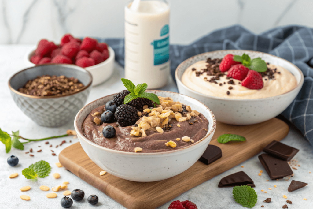 Chocolate and vanilla protein puddings with assorted toppings