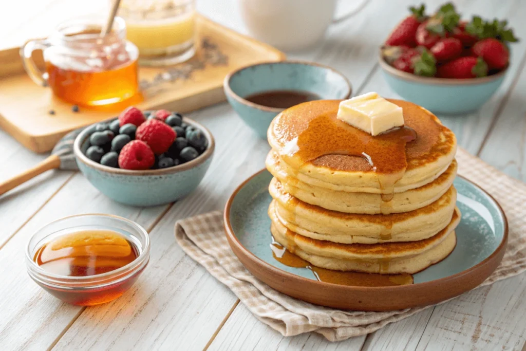 Stack of fluffy pancakes and a thick hotcake side by side on a breakfast table