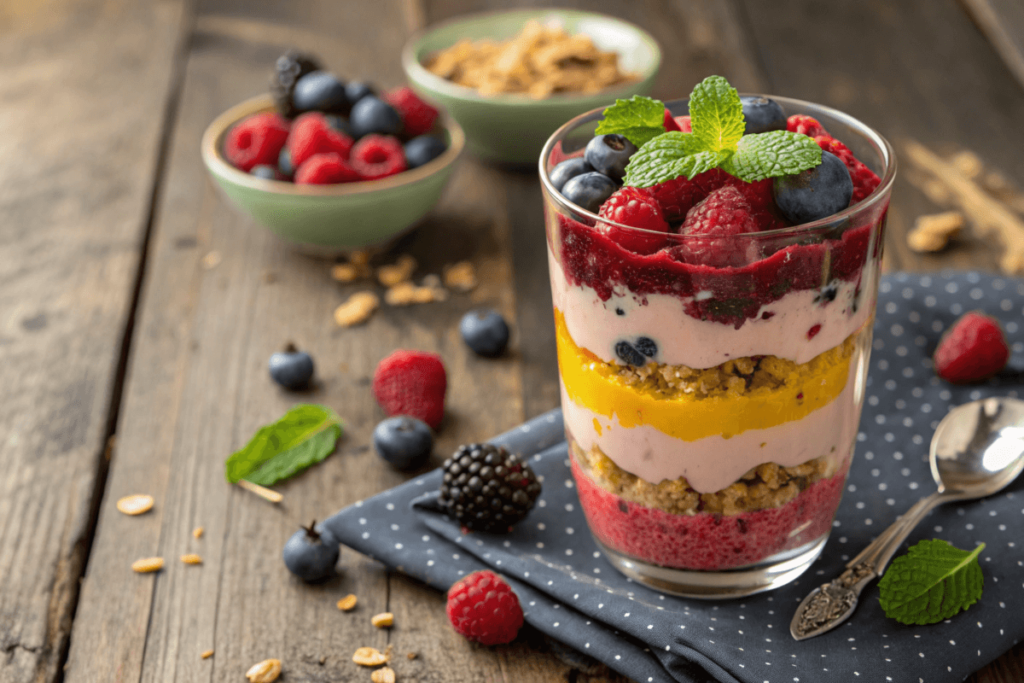 Protein pudding parfait layered with granola and fruits