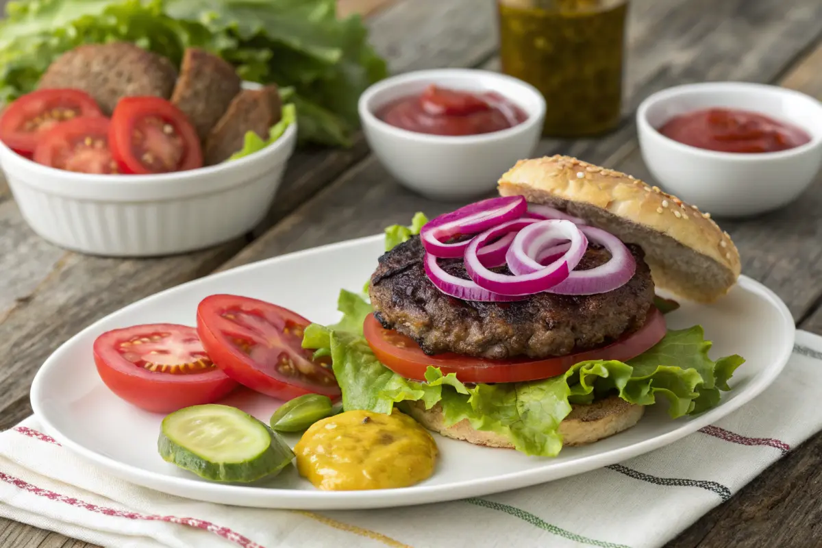 Deconstructed burger with toppings on a plate