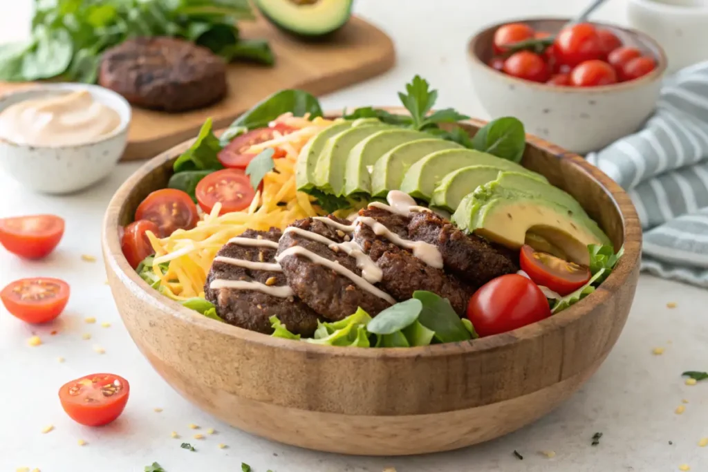 Colorful burger bowl with mixed greens, beef, avocado, and cheese