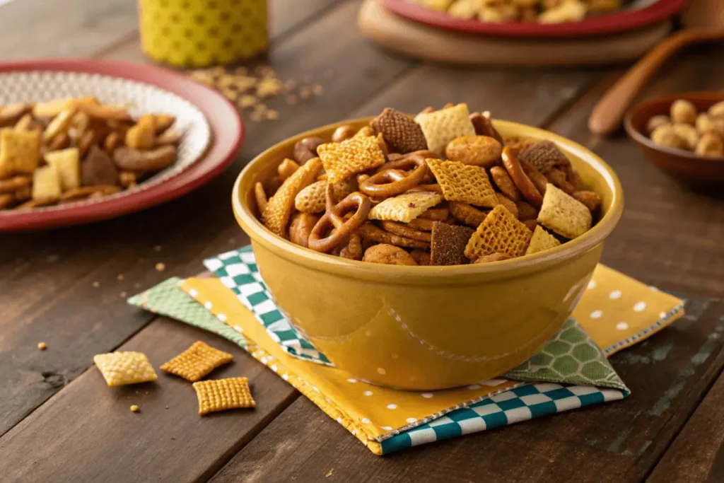 Bowl of golden-brown Chex Mix with pretzels and nuts