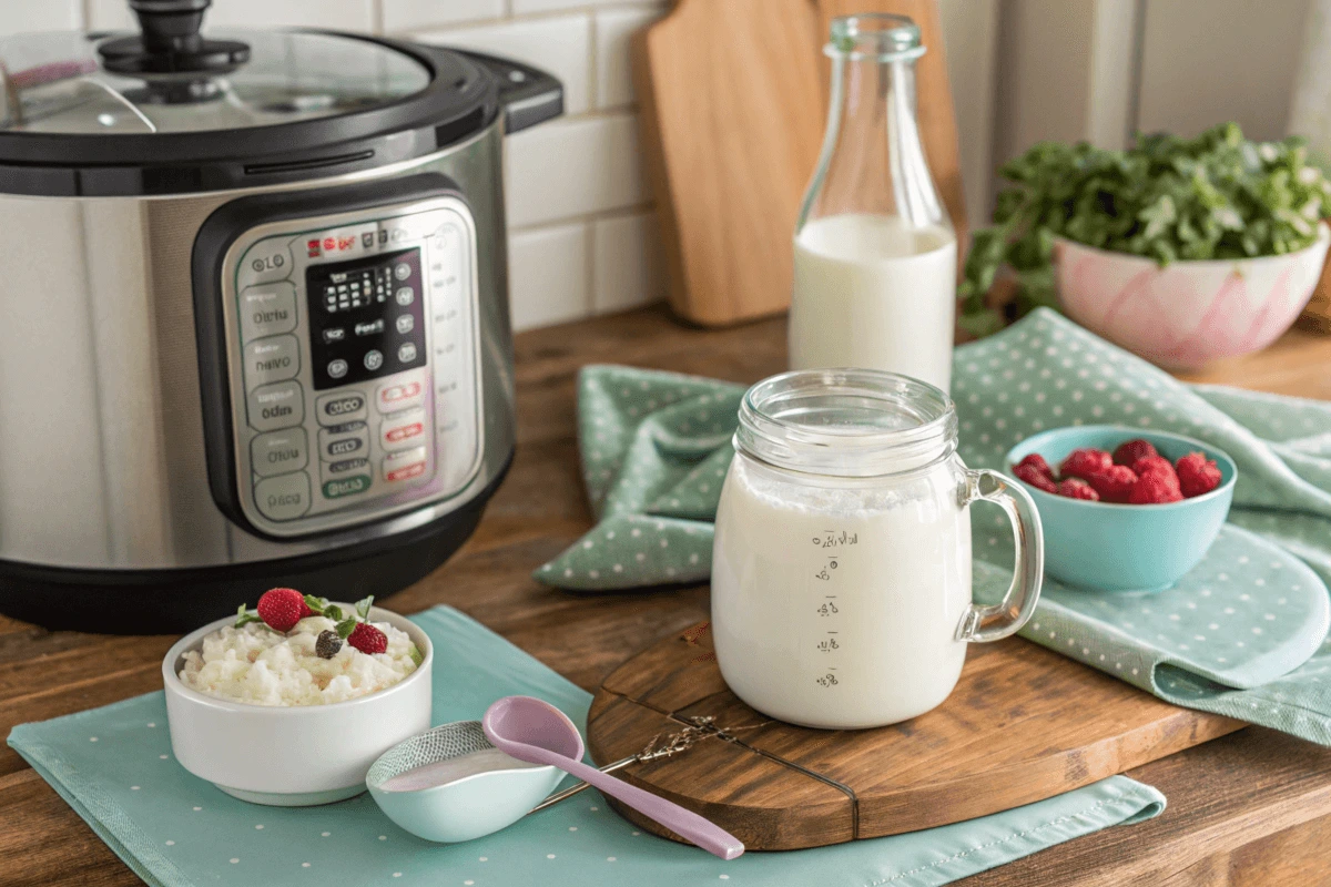 Instant Pot with homemade yogurt and ingredients on a kitchen counter