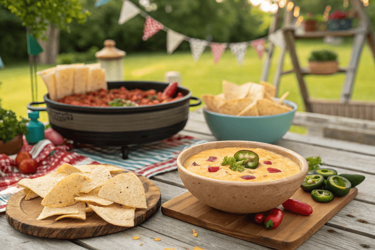 "Smoked queso dip served at an outdoor party with chips and jalapeños