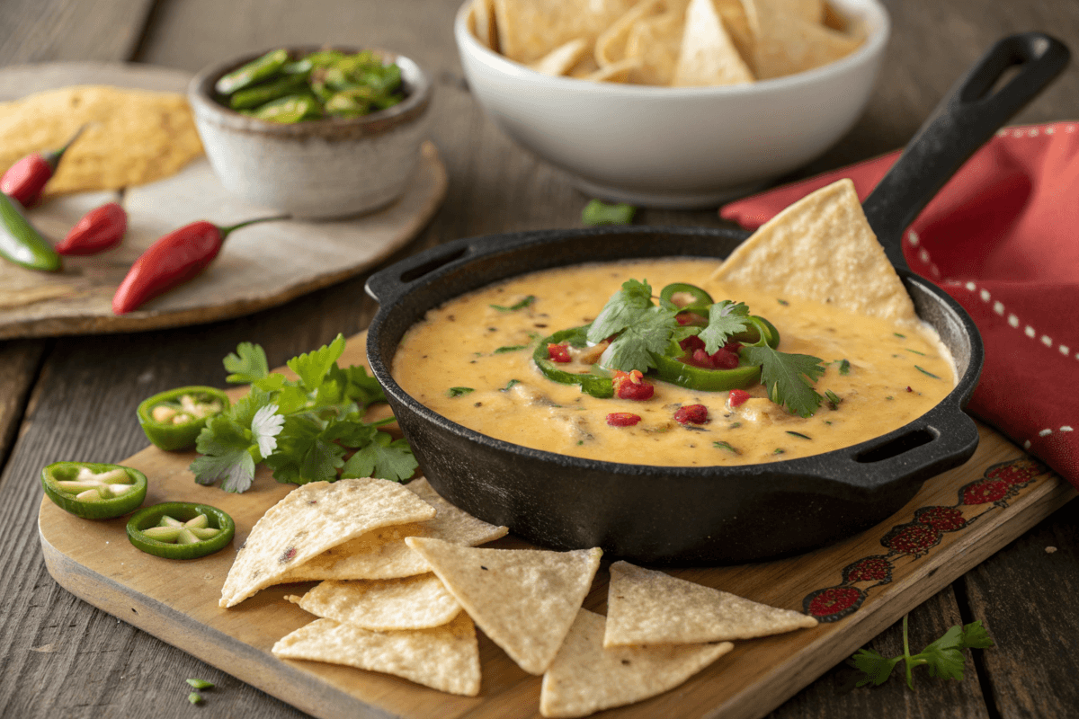 Creamy smoked queso in a skillet with chips