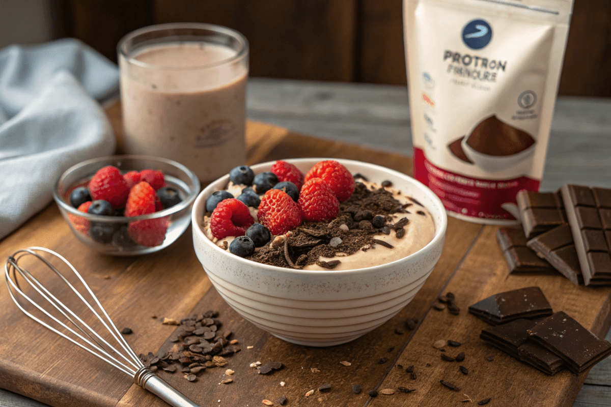 Creamy protein pudding topped with fresh berries and chocolate shavings