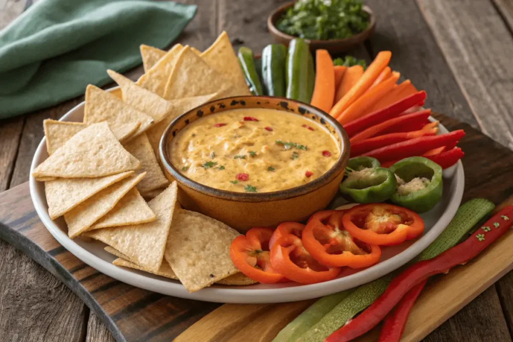 Smoked queso dip served with chips and vegetables on a rustic table