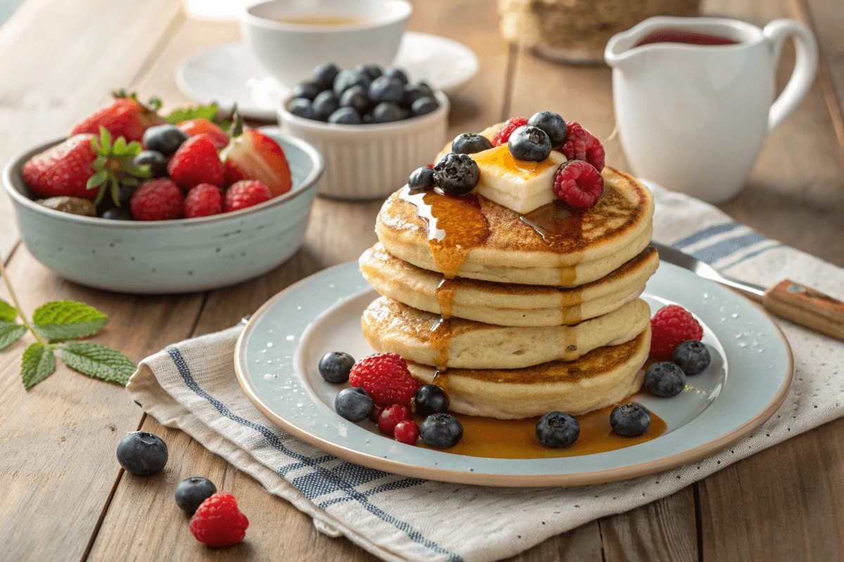 Stack of fluffy pancakes with berries, syrup, and butter