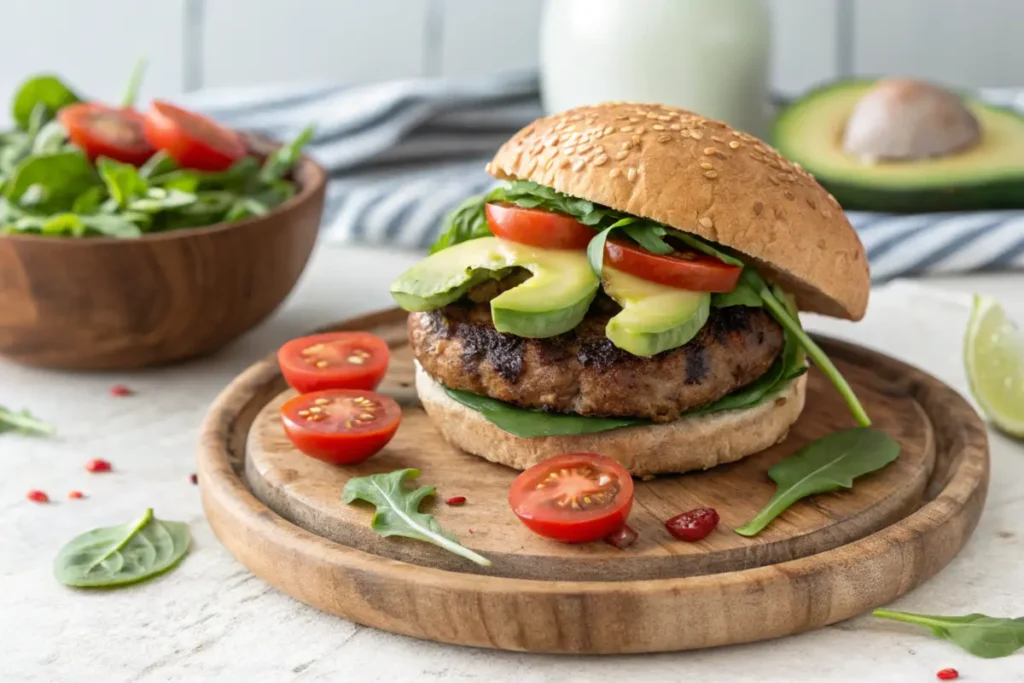 Healthy burger with grass-fed beef, fresh spinach, tomatoes, avocado, and whole-grain bun